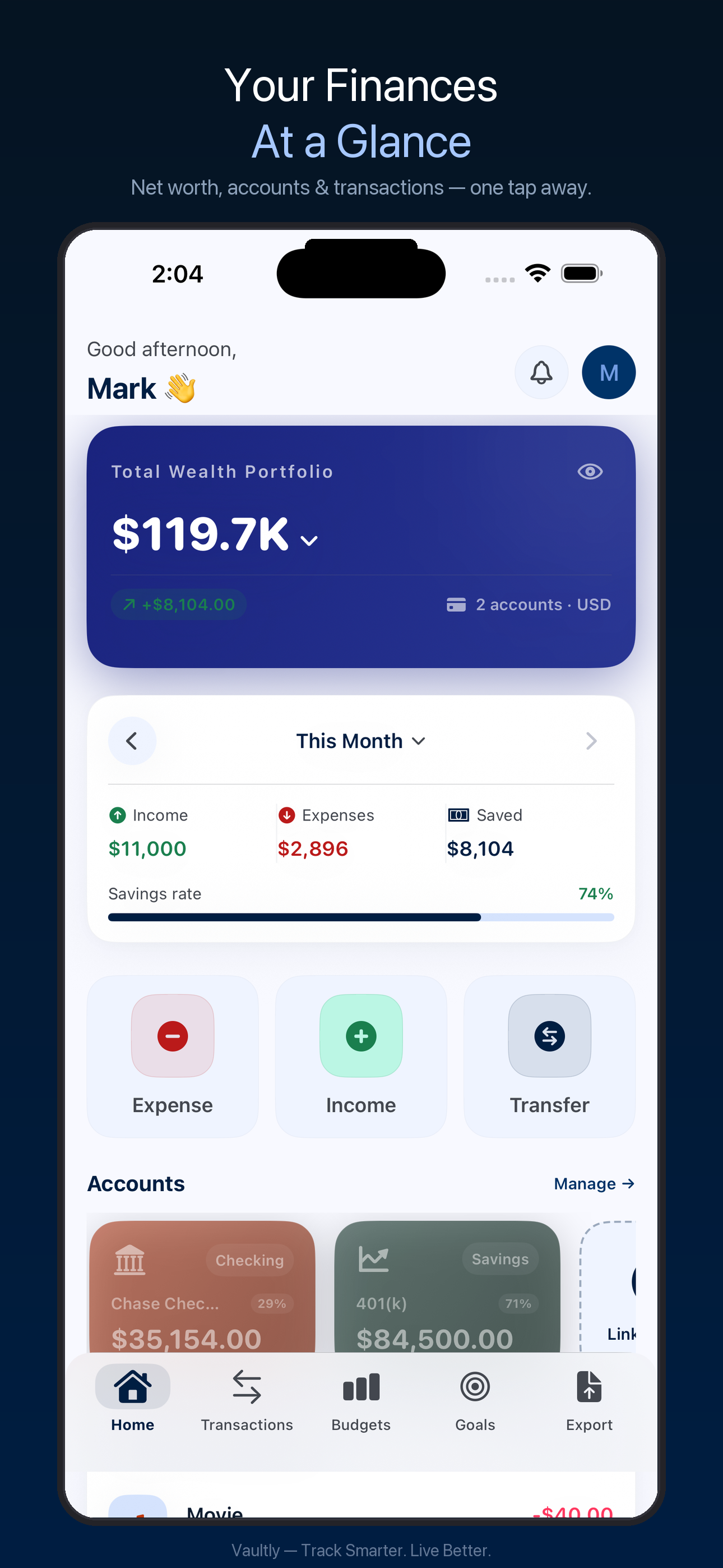 Vaultly Dashboard showing net worth and accounts