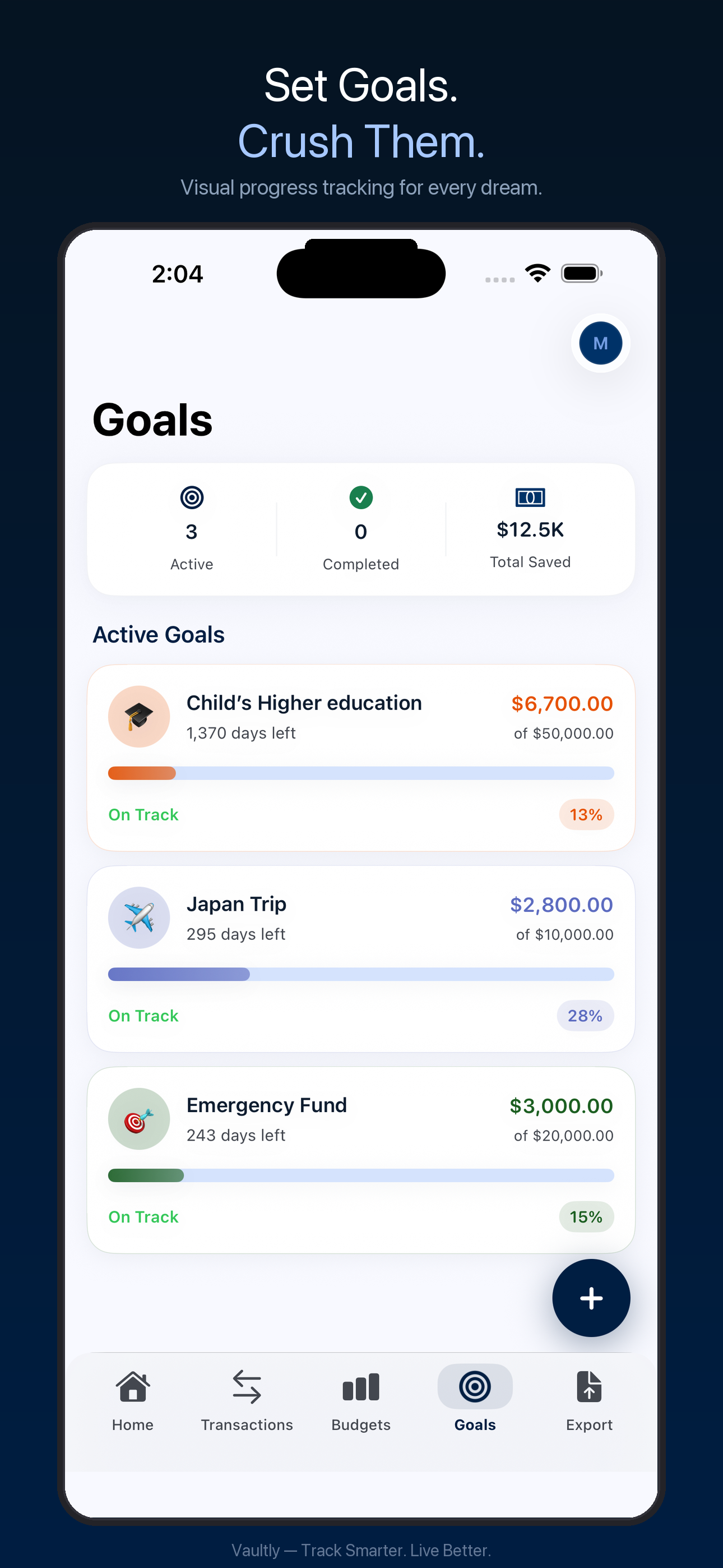 Vaultly Goals screen with savings progress