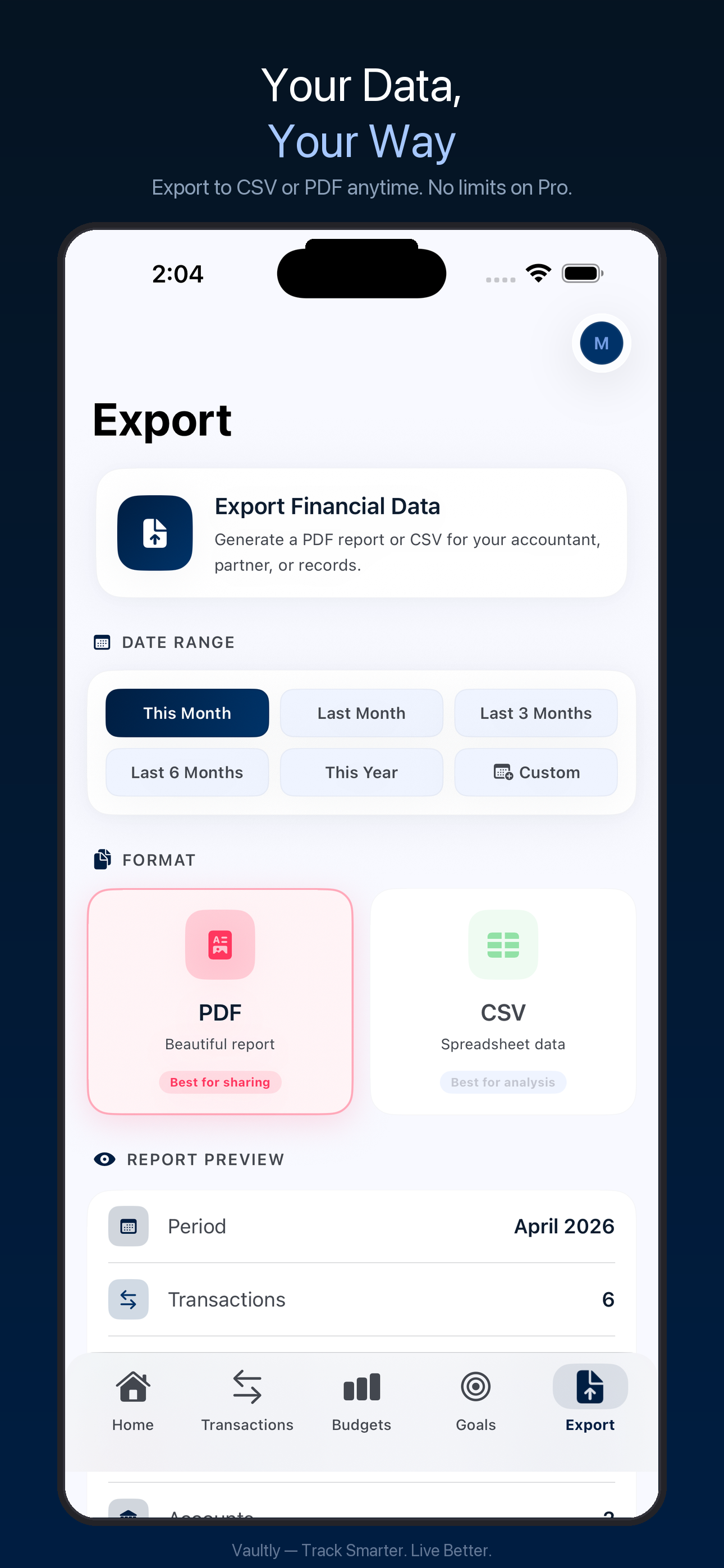Vaultly Export screen for PDF and CSV reports
